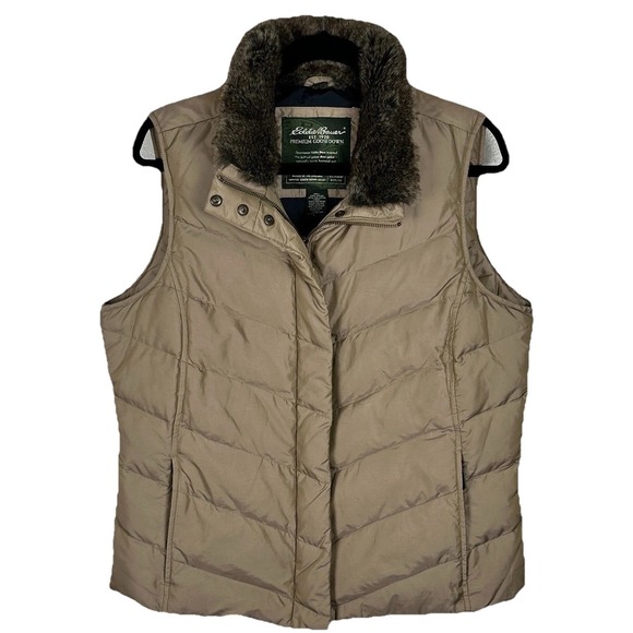 Eddie Bauer Jackets & Blazers - Eddie Bauer Premium Goose Down Puffer Vest Women Large‎ Faux Fur Full Zip Beige